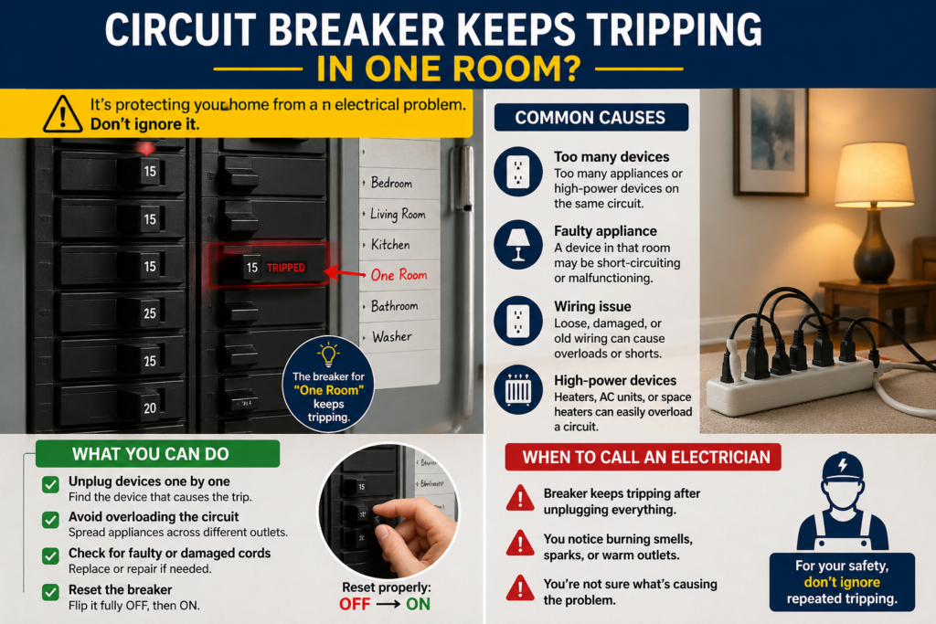 Circuit Breaker Keeps Tripping in One Room? ⚡ Licensed electricians fix it fast. All USA. $150-$300. Call 866-227-8161. 24/7 service!