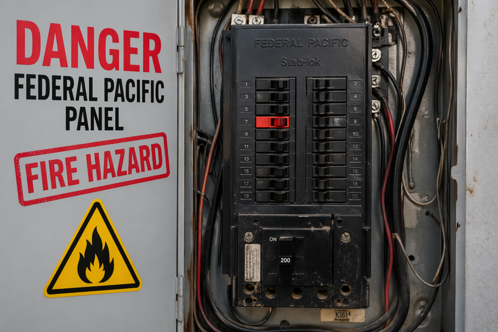 Old Federal Pacific electrical panel showing fire hazard risks