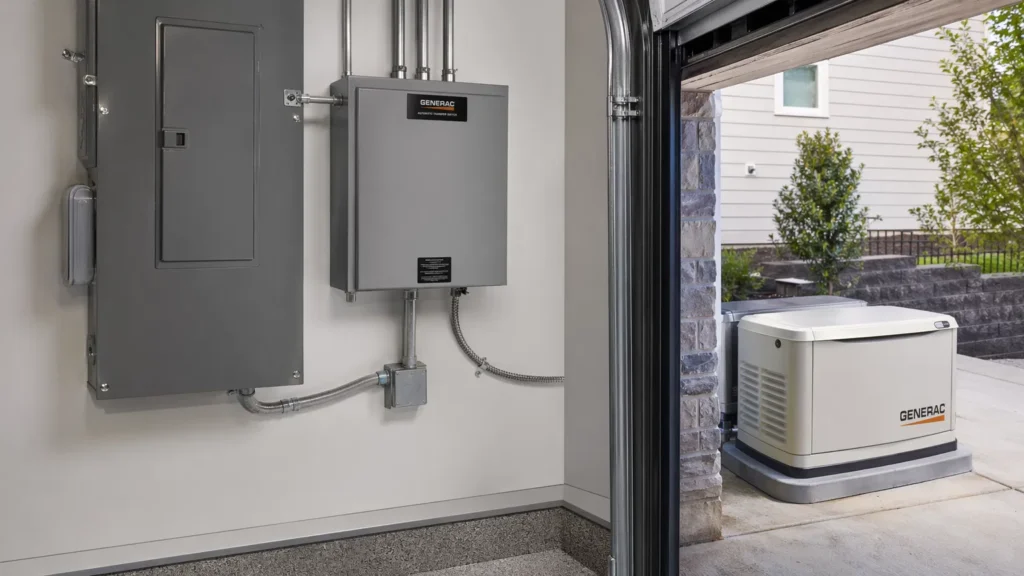 Professional generator transfer switch installation next to a main electrical panel in a Huntsville, Alabama home garage.