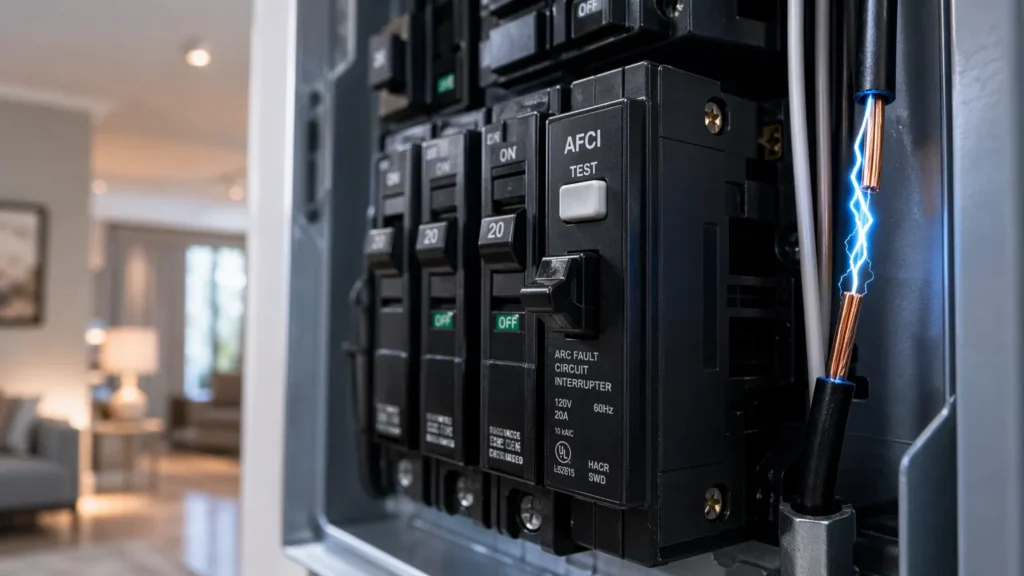 An electrician testing a frayed wire in a wall outlet with a multimeter to fix an AFCI tripping issue.