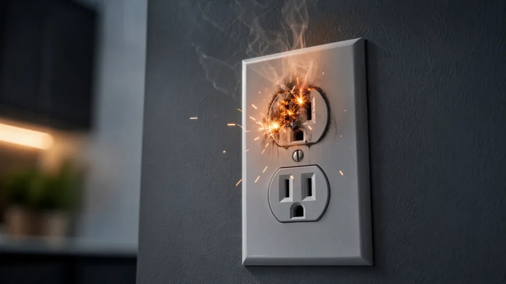 A dangerous electrical emergency showing a sparking and smoking wall outlet in a modern home.