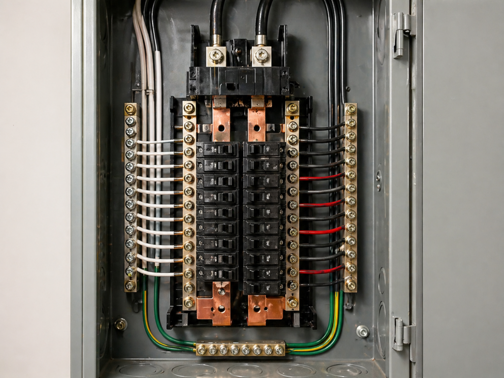 what is a bus bar in an electrical panel? It's a solid metal strip or bar that distributes electricity to all the circuit breakers in your panel, acting like the central highway that feeds power to every room in your house.