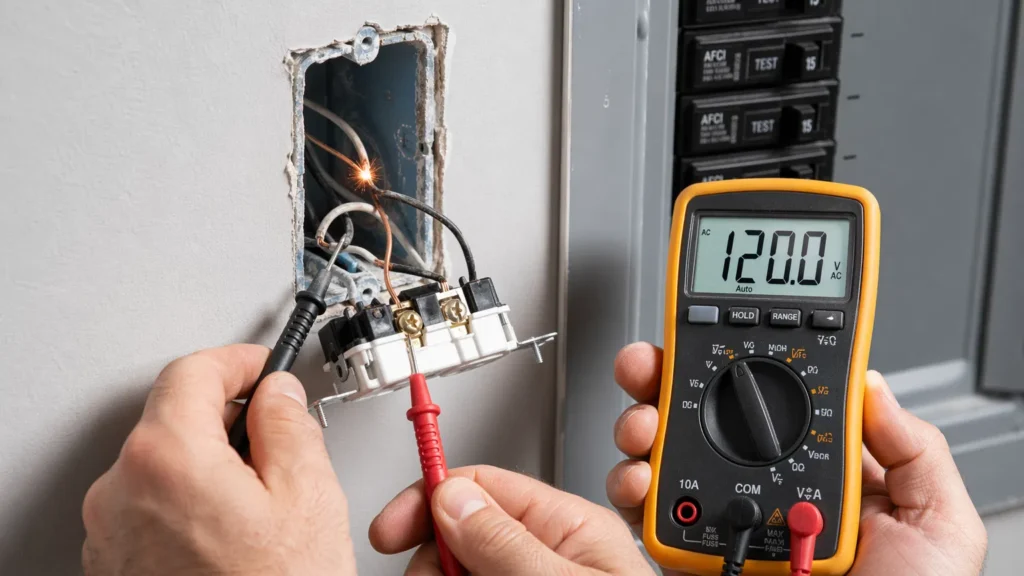 An electrician testing a frayed wire in a wall outlet with a multimeter to fix an AFCI tripping issue.